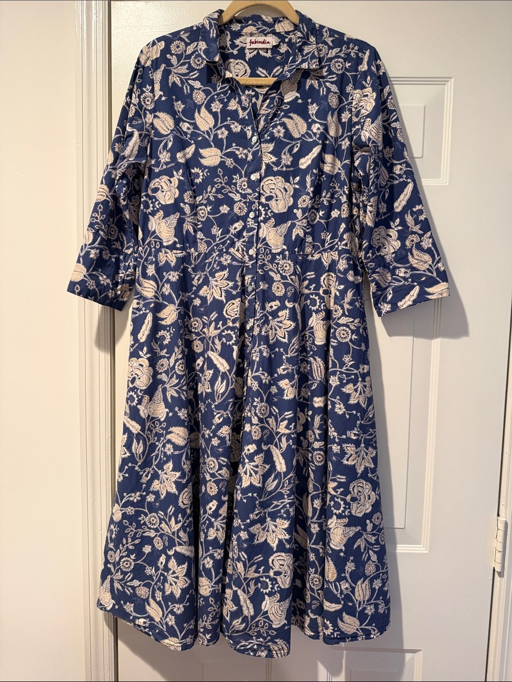 TradWife Navy Blue Floral Button Down Shirt Midi Dress Cotton 3/4 Sleeve Fairy L
